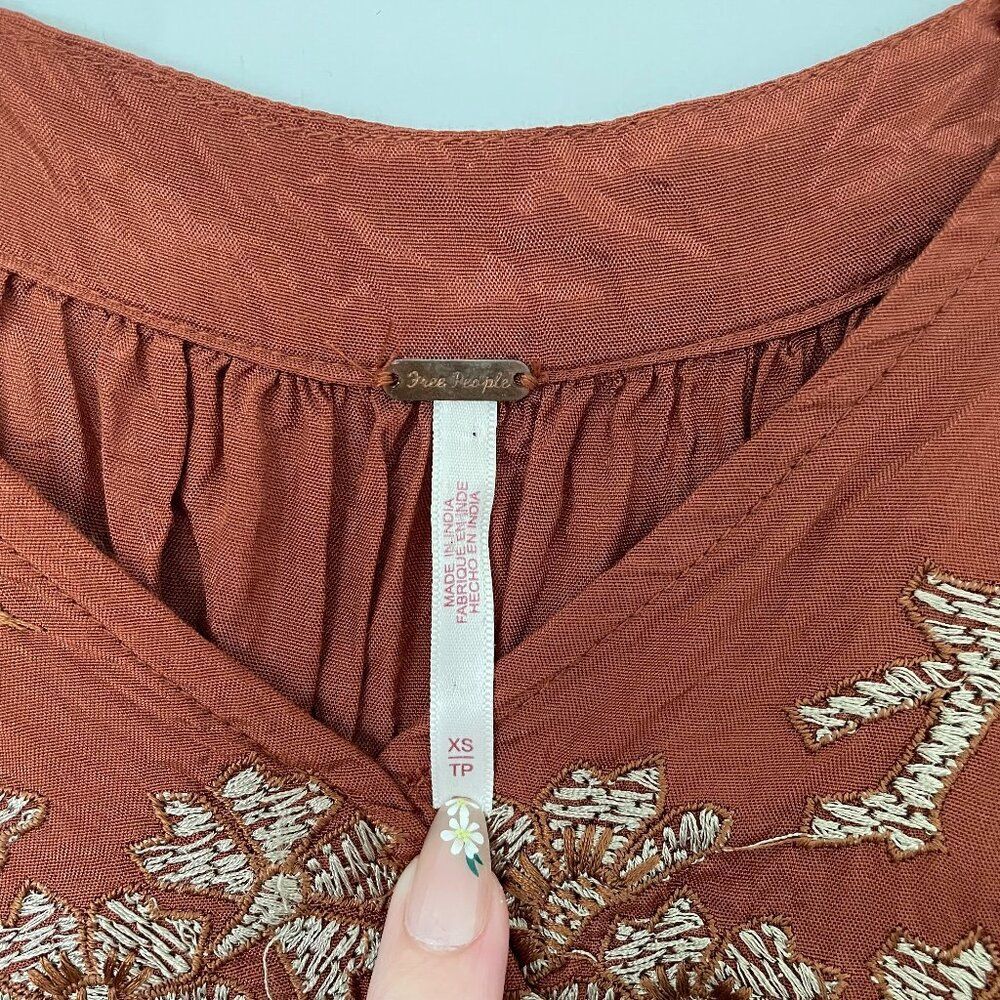 Free People Sahara Embroidered Top Women XS Brown Boho Short Sleeve Blouse - Picture 7 of 8